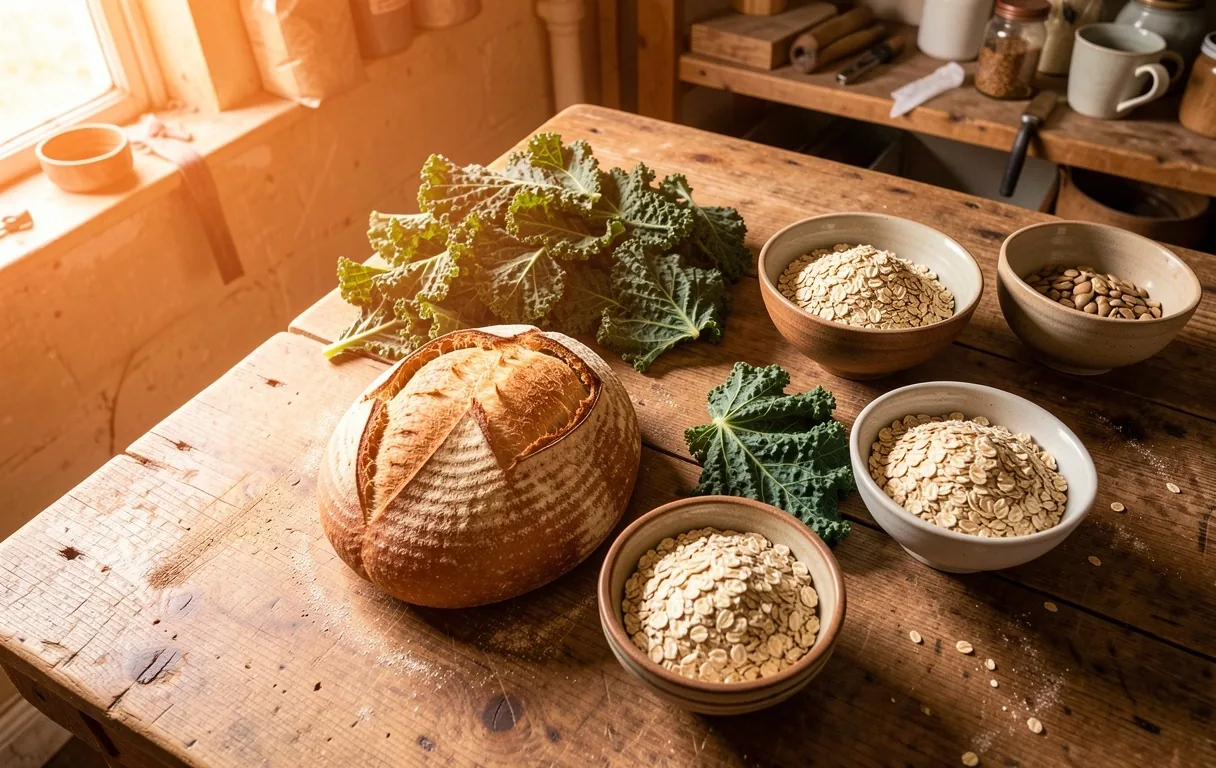 Fresh ingredients on a rustic table