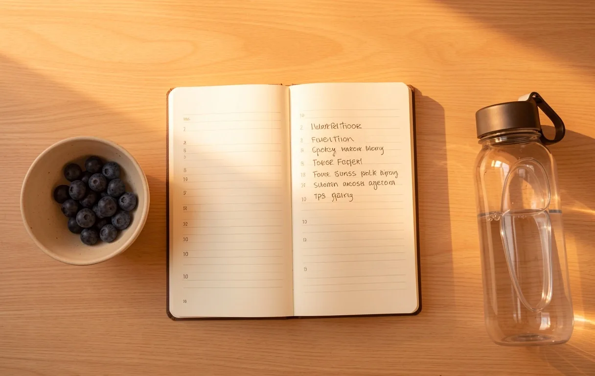 Habit tracking journal and healthy snacks